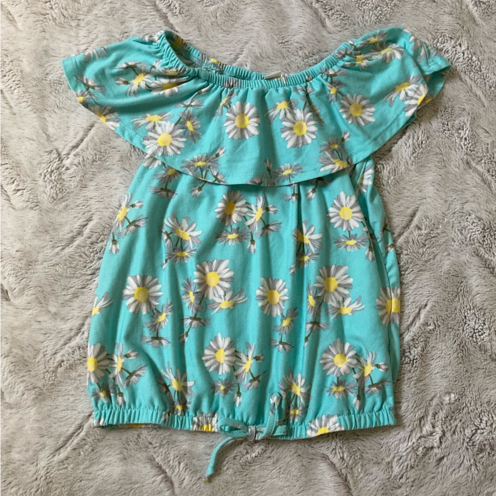 Cute Girls Turquoise Blue Floral (yellow, white, and gray) Top Size 7/8.